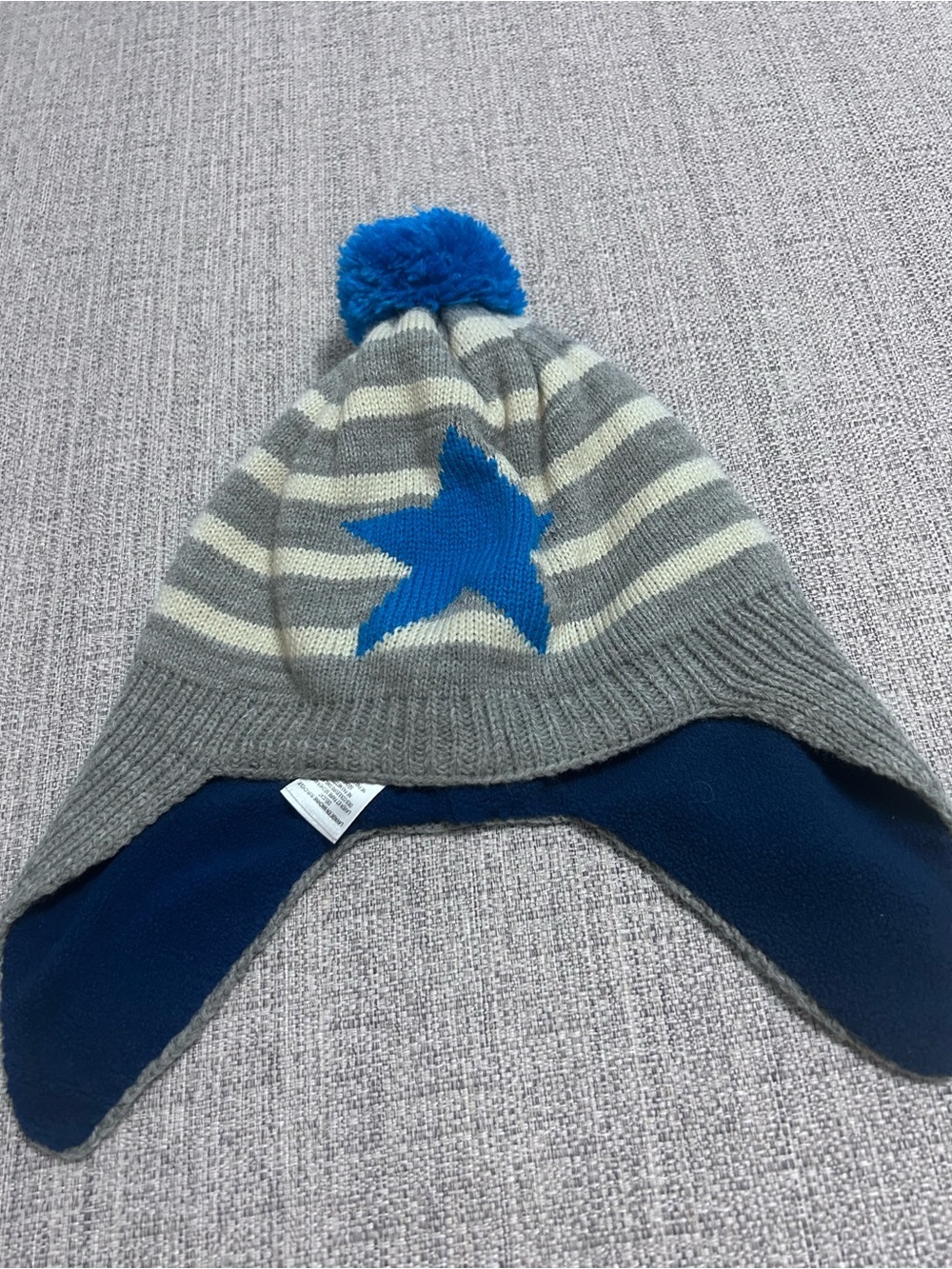 Mini Biden Trapper Beanie Bright Blue Pom w Gray Stripes & Star. Size 2-6Y